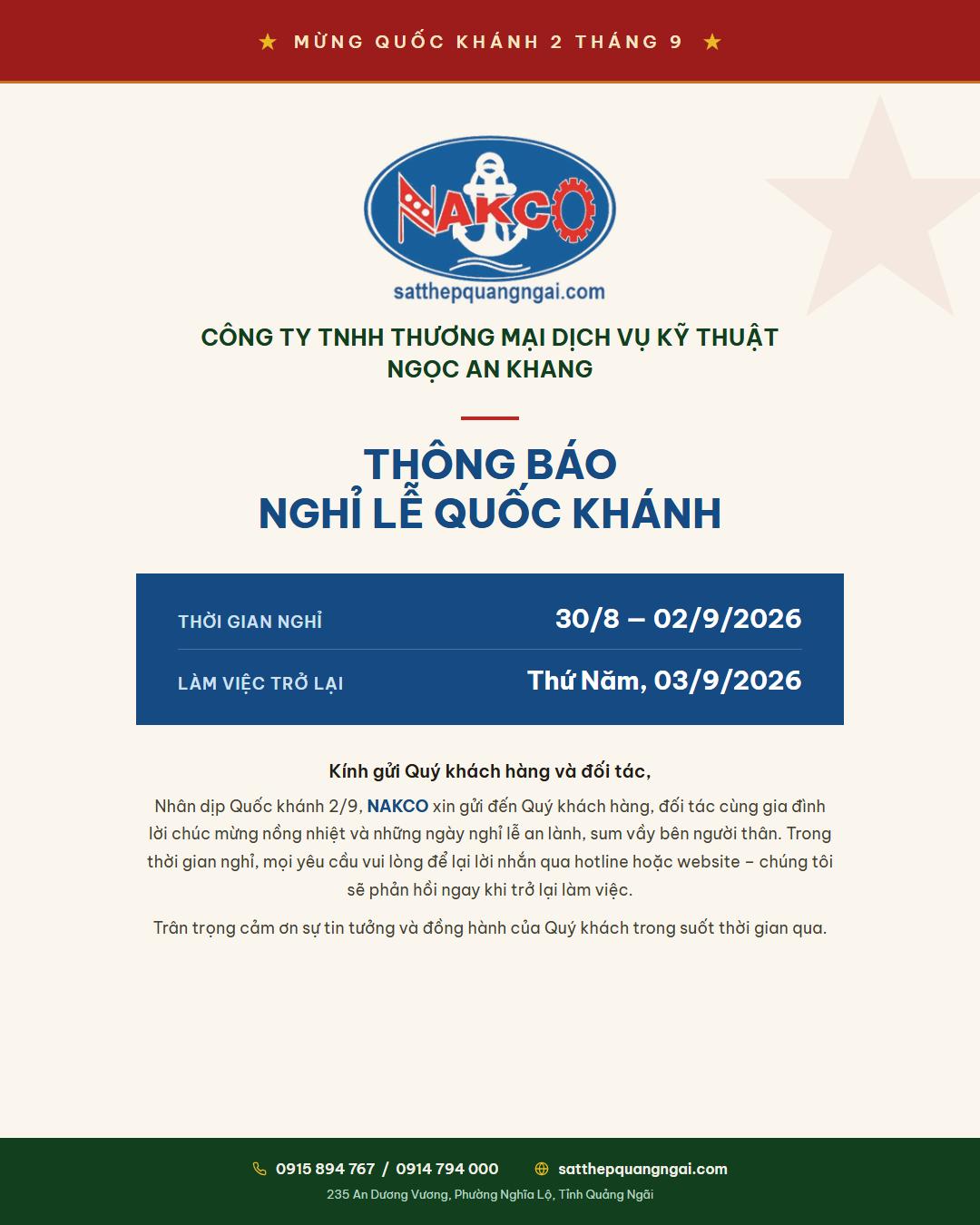 THÔNG BÁO NGHỈ LỄ QUỐC KHÁNH 2/9